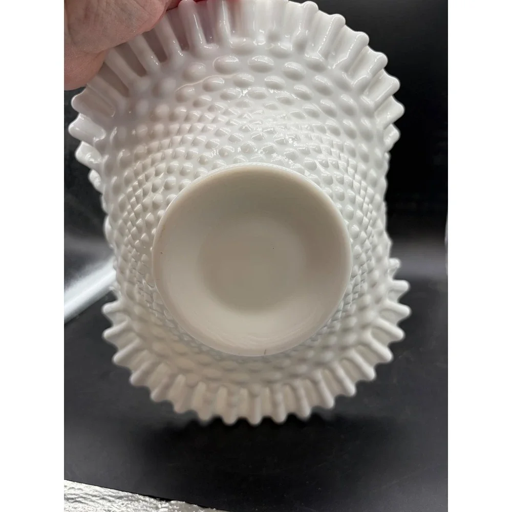 Vintage Fenton White Milk Glass Hobnail Ruffled Basket with Handle 10 Inch